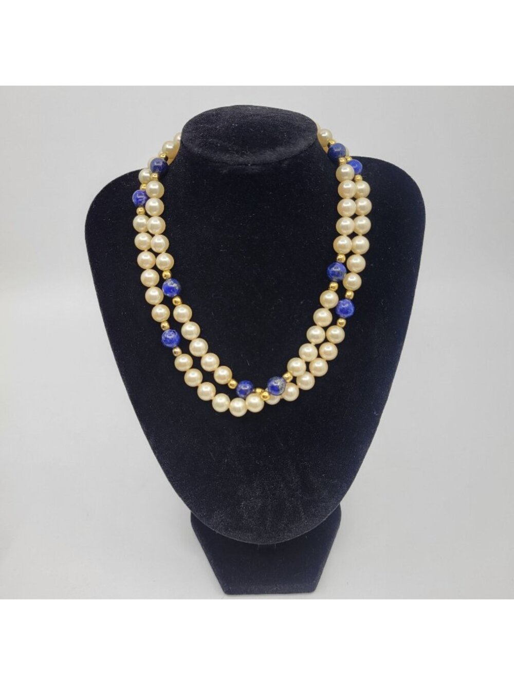 Vintage Pearl & Lapis Lazuli Beaded Necklace Estate Jewelry - JW003
